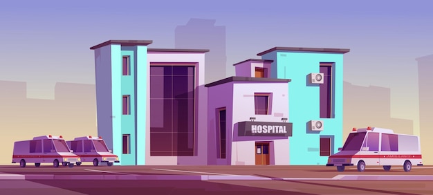 Hospital clinic building with ambulance car trucks