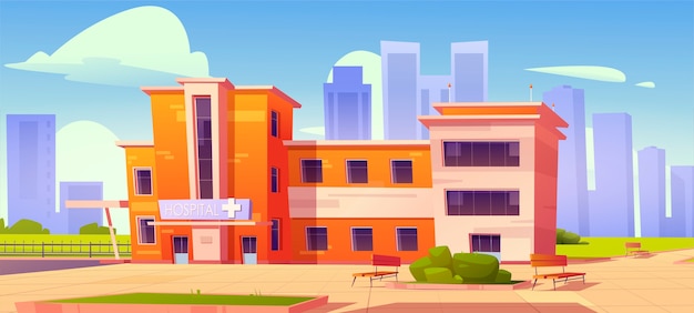 Hospital clinic building with green bushes and benches at front yard. Medicine, city infirmary health care infrastructure, medic two-storied office on cityscape background, Cartoon illustration