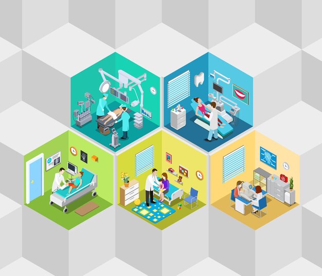 Hospital clinic interior operation ward cells flat isometric