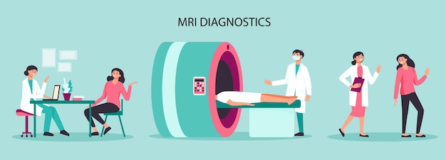 医療機器の mri 診断ビューと医師と患者の医師のイラストのフラットな文字を持つ病院の構成