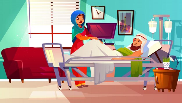 hospital concept. Arabic patient in bed with life supporting system and Muslim nurse in hijab