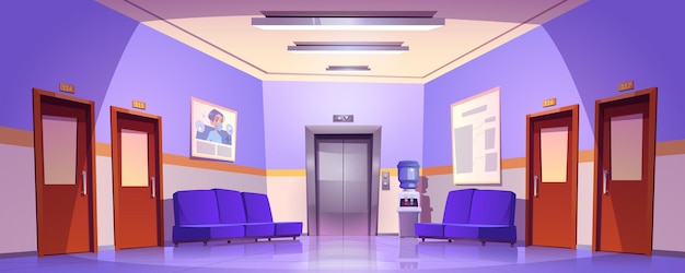 Fondo di vettore interno del corridoio dell'ospedale corridoio con ascensore all'interno della clinica di emergenza costruzione fumetto illustrazione attesa nella hall vicino alla porta per il reparto sulla sedia pulire la sala medica