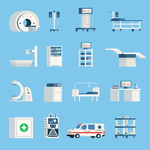 Бесплатное векторное изображение Больничное оборудование ортогональные плоские иконки