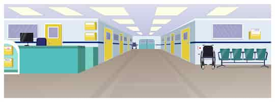 Free vector hospital hall with reception, doors in corridor and chairs