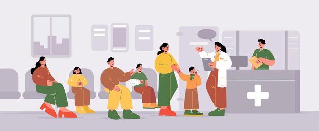 hospital hallway with visitors waiting in queue