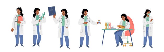 Hospital healthcare staff at work Female doctor in medical robe take on gloves look op xray laboratory research therapist with stethoscope and clipboard Cartoon linear flat vector illustration