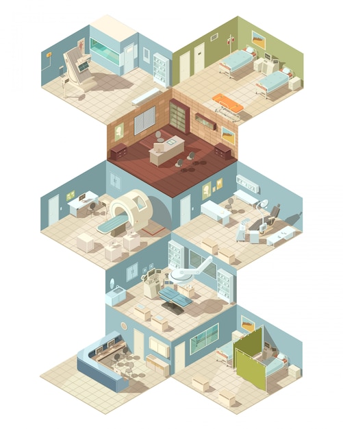 Hospital indoors isometric design concept set of reception ward operating room cabinet