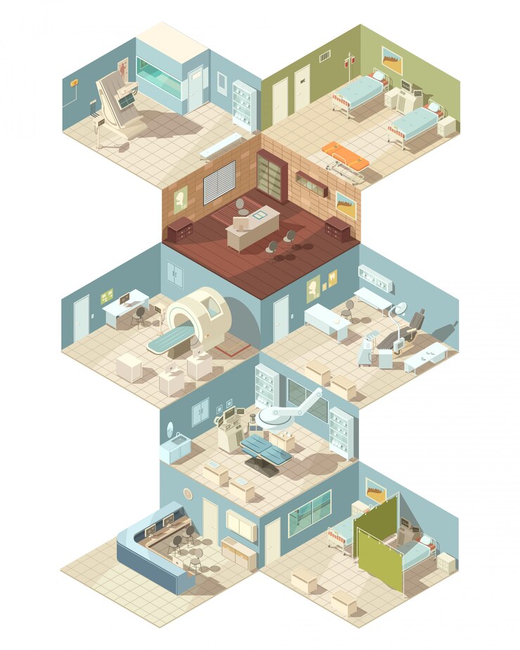 Free Vector hospital indoors isometric design concept set of reception ward operating room cabinet 