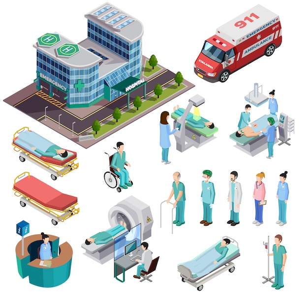 Бесплатное векторное изображение Больница изометрические изолированные иконки