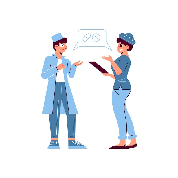 Free vector hospital medicine doctor patient composition with characters of doctor and nurse discussing pill therapy