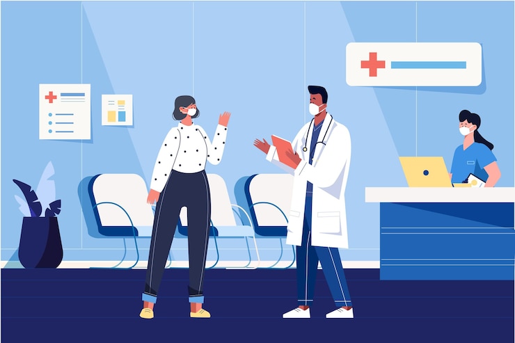 Free Vector hospital reception scene with face masks