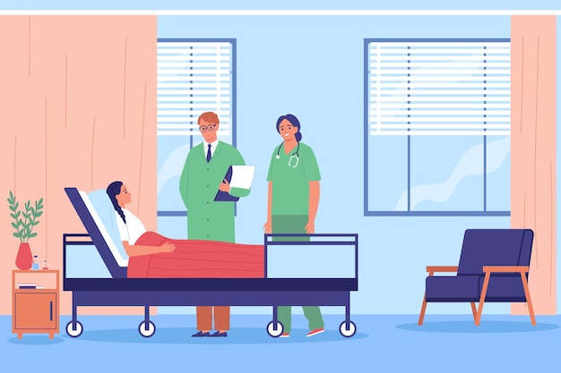 Композиция больничной палаты с видом на интерьер наблюдательной палаты с персонажами лежащего пациента и иллюстрации врачей