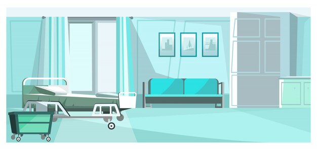 病院の部屋に車輪のイラストのベッド