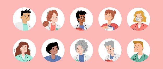 Hospital staff avatars round icons with diverse healthcare doctors Young and senior nurse surgeon or therapist characters in medical robes Clinic workers Cartoon linear flat vector illustration