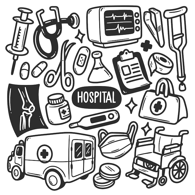 Hospital Stickers Hand Drawn Doodle Coloring Vector