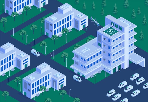 Free vector hospital terrein outdoor isometric aerial overview with buildings collection emergency helicopter landing ambulance parking lot illustration