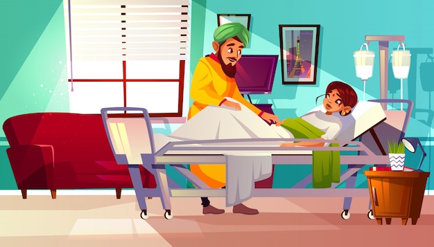 Hospital ward illustration of Indian woman patient lying on medical couch and visitor man.