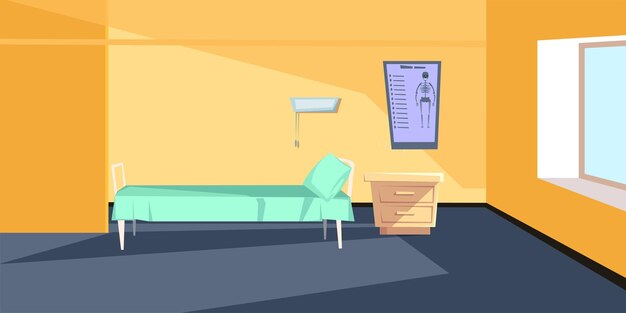 hospital ward interior illustration intensive therapy furnishing empty sickroom with bed and drawers chest clinic room design with hanging poster on orange wall