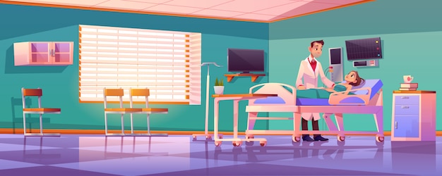 Hospital ward with doctor and patient on bed