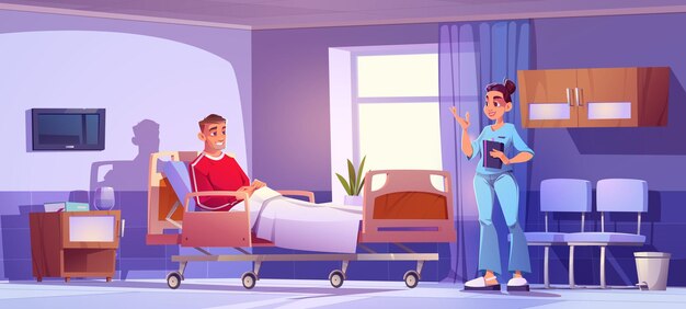Hospital ward with patient on bed and doctor