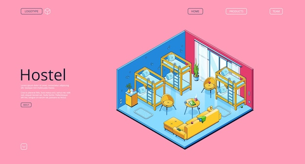 Hostel banner with isometric interior of bedroom in guesthouse Vector landing page of guest accommodation with illustration of room with bunks for sleep and rest in travel