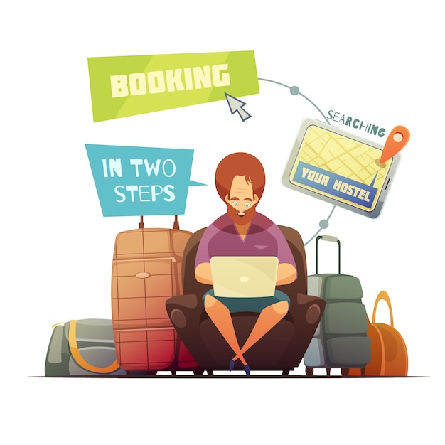 Hostel booking design concept with cartoon hipster busy online searching of guest house flat vector 