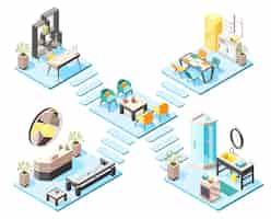 Free vector hostel isometric illustration concept set with elements and furniture of hall reception  bathroom isometric interiors