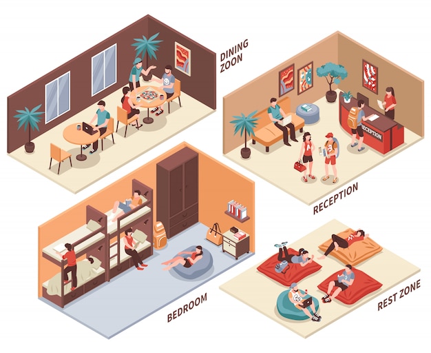 Free vector hostel rooms isometric set