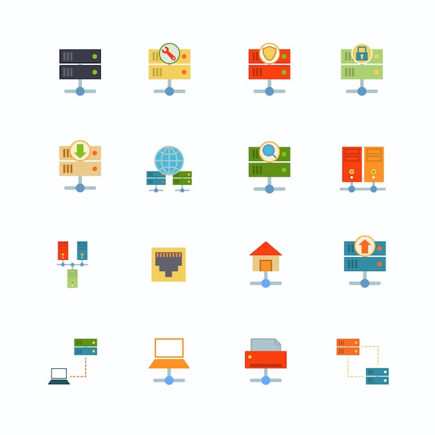 Free vector hosting computer network flat icons set with file dashboard infrastructure elements isolated vector illustration