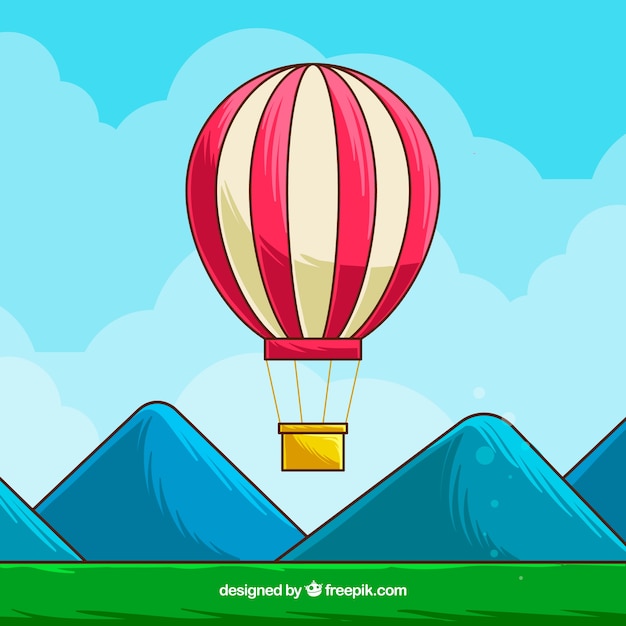 Free vector hot air balloon background with sky in hand drawn style