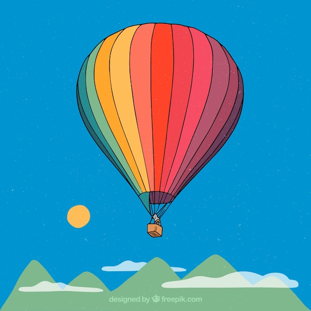 Free vector hot air balloon background with sky in hand drawn style