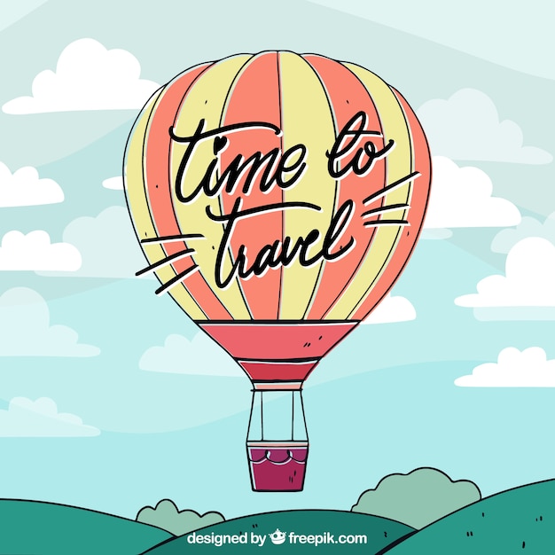 Free vector hot air balloon background with sky in hand drawn style