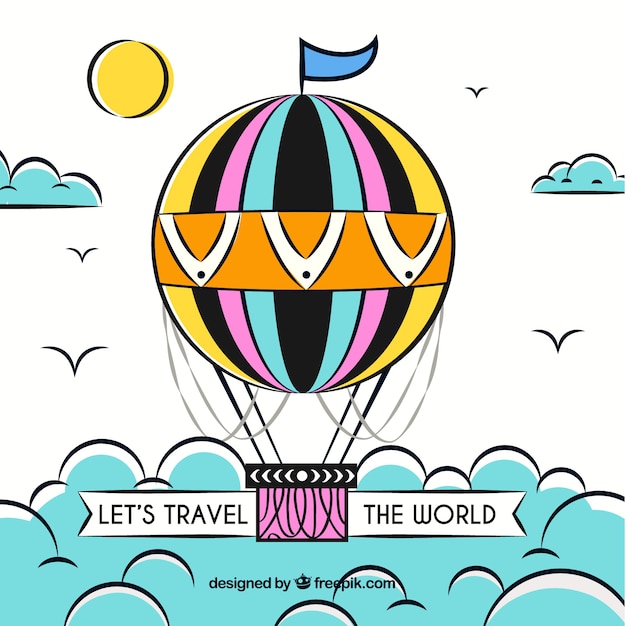 Free vector hot air balloon background with sky in hand drawn style