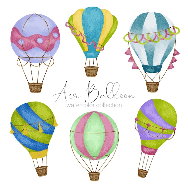無料ベクター グラフィックデザイナーがウェブサイトに使用するためのさまざまな水彩スタイルの熱気球のデザイン招待状結婚式おめでとう誕生日お祝い生地の印刷と出版物