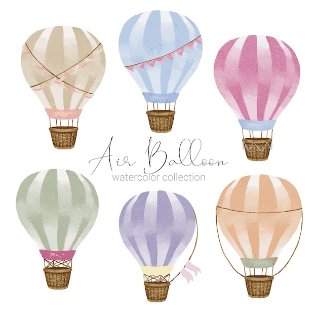 Hot air balloon designs in various watercolor styles for graphic designers to use for web sites invitation cards weddings congratulations birthdays celebrations fabric printing and publications