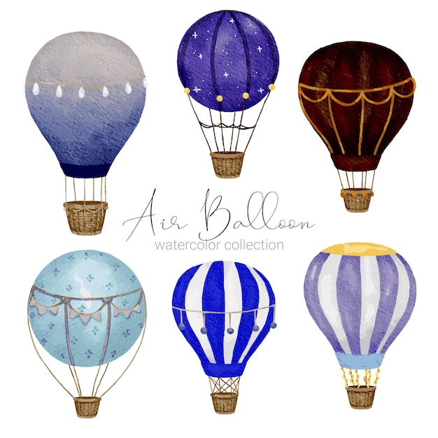 Hot air balloon designs in various watercolor styles for graphic designers to use for web sites invitation cards weddings congratulations birthdays celebrations fabric printing and publications