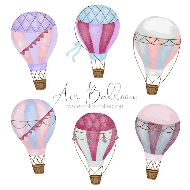 Free vector hot air balloon designs in various watercolor styles for graphic designers to use for web sites invitation cards weddings congratulations birthdays celebrations fabric printing and publications