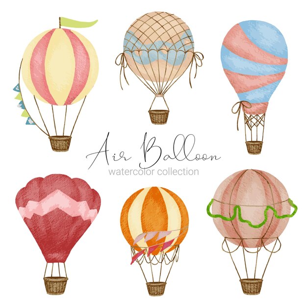 グラフィックデザイナーがウェブサイトに使用するためのさまざまな水彩スタイルの熱気球のデザイン招待状結婚式おめでとう誕生日お祝い生地の印刷と出版物