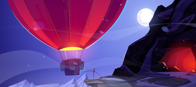 夜の山の洞窟の入り口にある熱気球、外からの眺め。満月と岩のピーク、ゲームシーン、漫画のベクトル図で暗い空に釘付けにロープで接続された赤い空飛ぶ風船