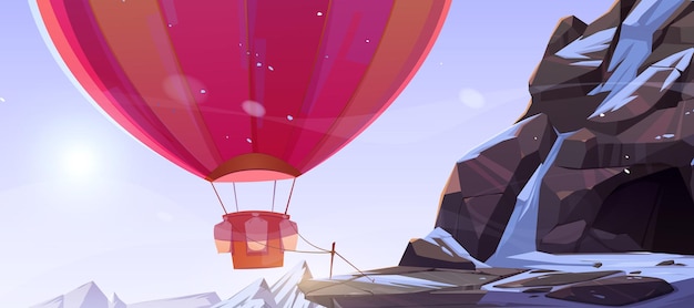 Воздушный шар привязан возле пещеры в горах. векторная карикатура на зимний скалистый пейзаж с каменной пещерой, снегом и красочным дирижаблем с корзиной и балластом