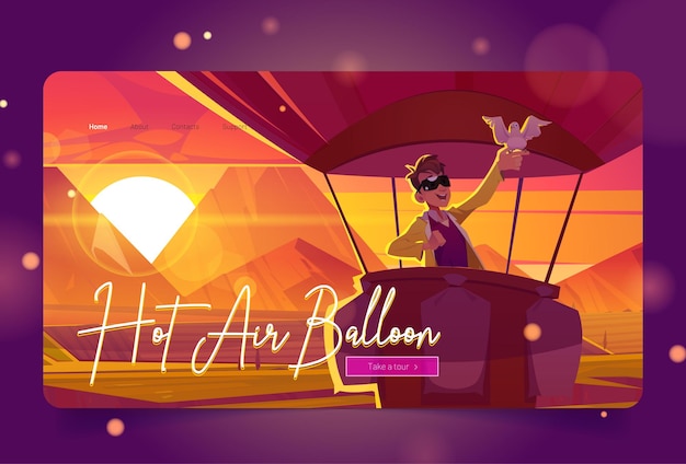 Hot air balloon travel cartoon landing page trip