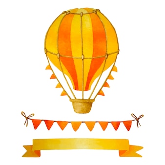 Воздушный шар акварель клипарт. воздушный шар, флаги гирлянды, графические элементы ленты баннер