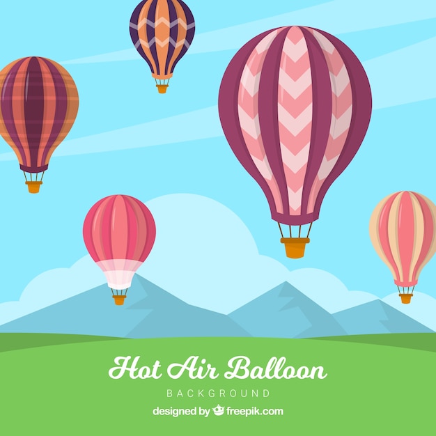 Free vector hot air balloons background in the sky with clouds