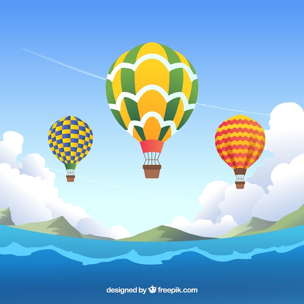 Free vector hot air balloons background in the sky with clouds