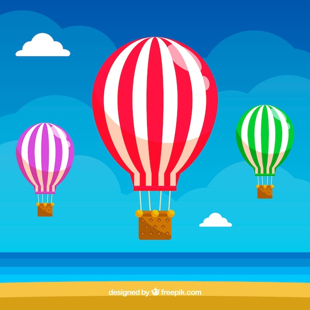 Free vector hot air balloons background in the sky with clouds