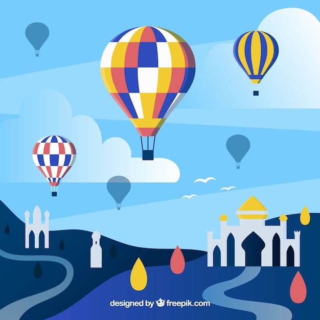 Free vector hot air balloons background in the sky with clouds