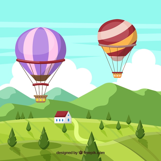 Free vector hot air balloons background in the sky with clouds