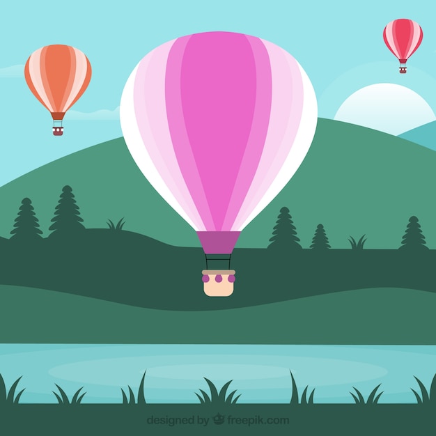 Free vector hot air balloons background in the sky with clouds