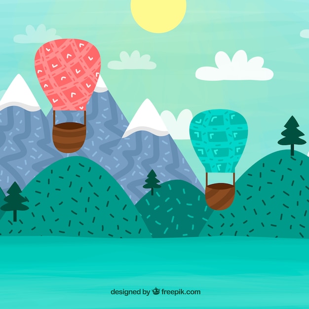 Hot air balloons background with sky in hand drawn style