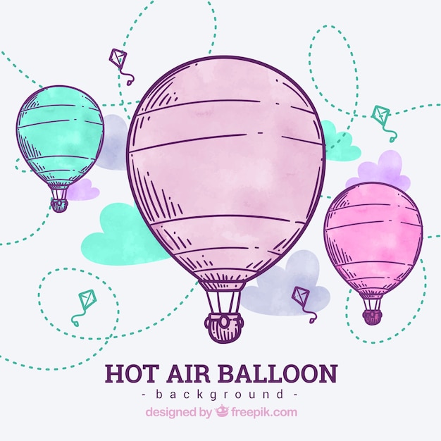 Free Vector hot air balloons background with sky in hand drawn style